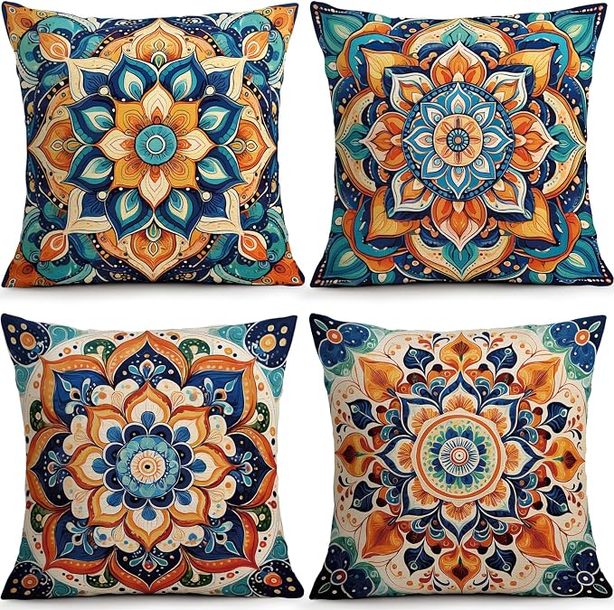 OBSEDE Boho Mandala Throw Pillow Covers Set of 4, 18x18 Inch Blue and Orange by OBSEDE