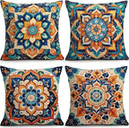 OBSEDE Boho Mandala Throw Pillow Covers Set of 4, 18x18 Inch Blue and Orange by OBSEDE