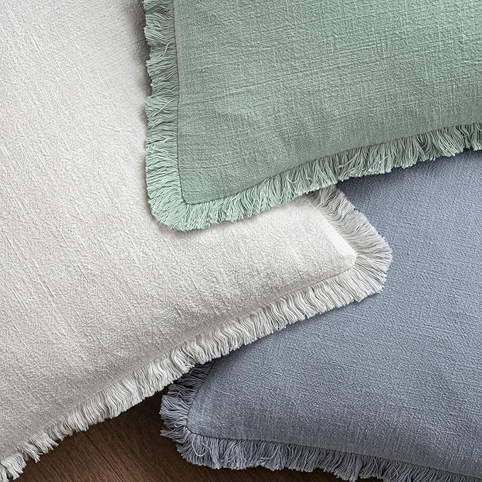MIULEE Boho Linen Fringe Decorative Throw Pillow Covers Aqua Green 18x18 | Set - Image 4