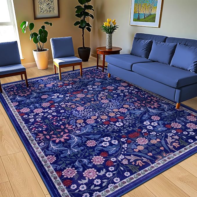 PLHXFR Area Rug 10x12 Living Room: Floral Washable Boho Soft Carpet Blue | - Image 2