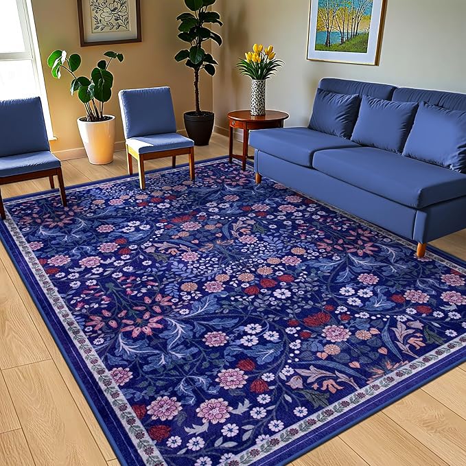 PLHXFR 8x10 Area Rug Living Room: Floral Washable Boho Soft Carpet Blue | - Image 2