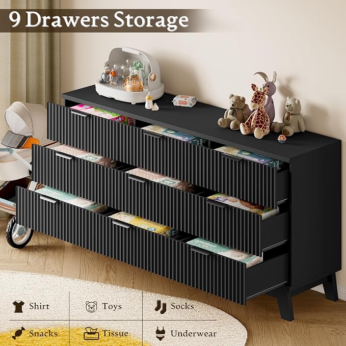 BORNOON 63" Long Dresser for Bedroom, 9-Drawer Fluted Dresser, Extra-Wide Wood - Image 6
