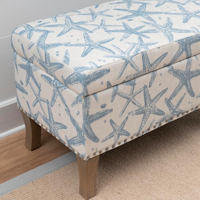 Linon Stephanie Cream and Light Blue Starfish Fully Upholstered Bench - Image 6