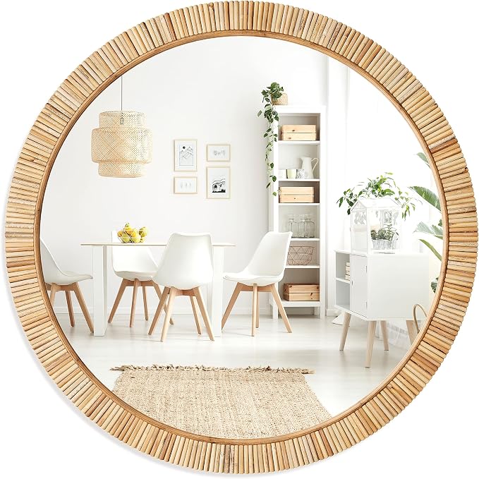 Barnyard Designs Round Rattan Wall Mirror, Natural Tan Woven Rattan Frame by BarnyardDesigns
