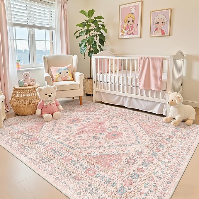 Pink Rugs for Bedroom-5x8 Area Rugs for Living Room, Girls Room | Washable Rugs by Zesthome