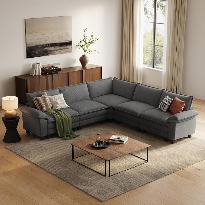 LINSY HOME Modular Sectional Sofa, 5-Seat Corduroy Modern Cloud Couch by LINSYHOME