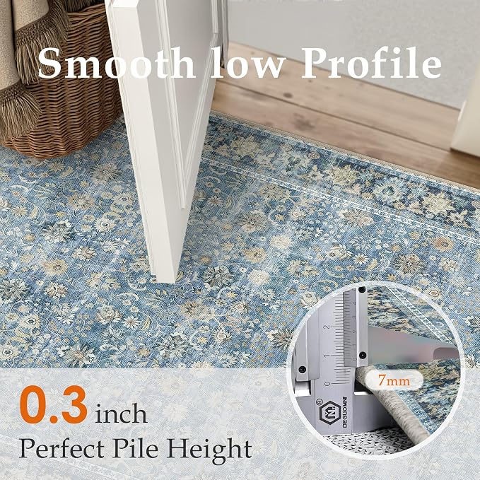 5x7 Light Blue Vintage Floral Washable Area Rug - Image 6