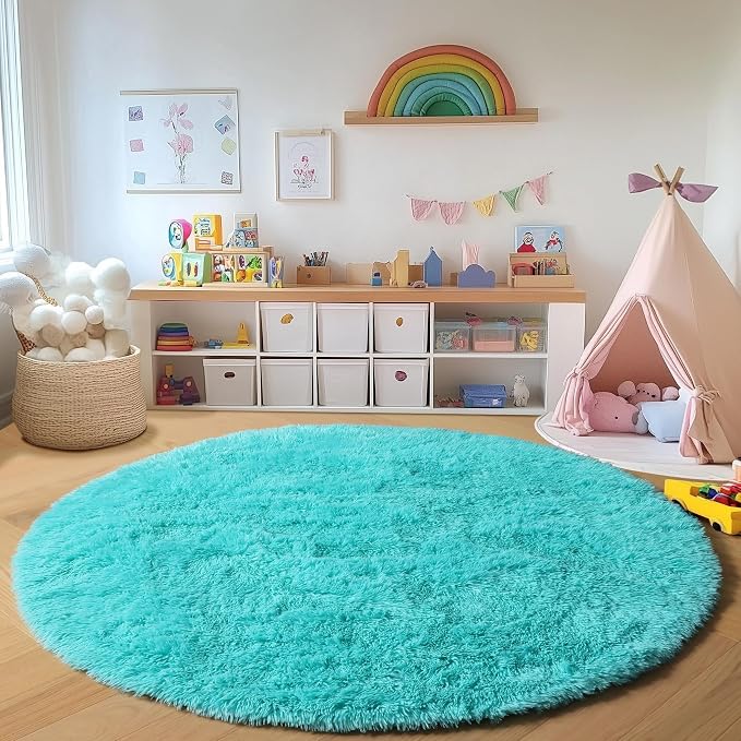 Teal Blue Round Area Rug 4ft, Soft Fluffy Bedroom Bedside Floor Circle Rugs - Image 6