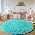 Teal Blue Round Area Rug 4ft, Soft Fluffy Bedroom Bedside Floor Circle Rugs - Image 6
