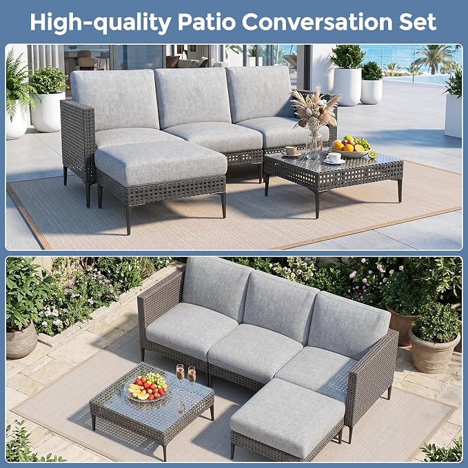 Jocoevol 5 Pieces Outdoor Patio Conversation Set – Rattan L-Shaped Corner Sofa - Image 3