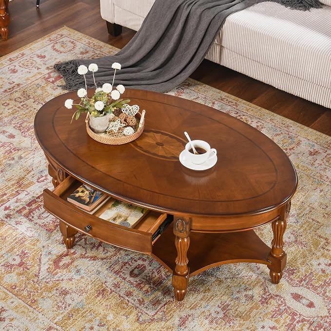 LEEMTORIG Oval Coffee Table for Living Room, Solid Wood Table by LEEMTORIG