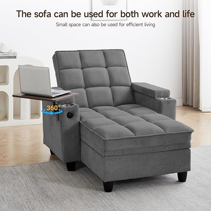 Oversized Recliner Chair with Swivel Tray Table, Modern Tufted Linen Fabric - Image 3