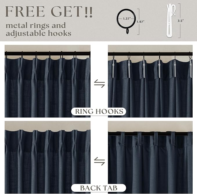 Navy Blue 80 Inch Pinch Pleated Linen Curtains 2 Panels Set | Light Filtering - Image 5