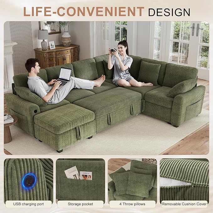 Hanherry Sectional Couch with Pull Out Sofa Bed, Corduroy Sleeper Sofa with - Image 5