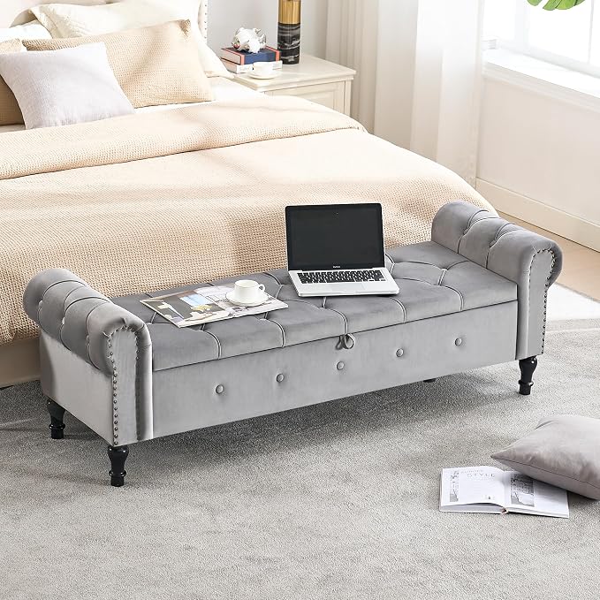 Storage Bench for Bedroom, Velvet 67" End of Bed Bench, King Size Benches - Image 3