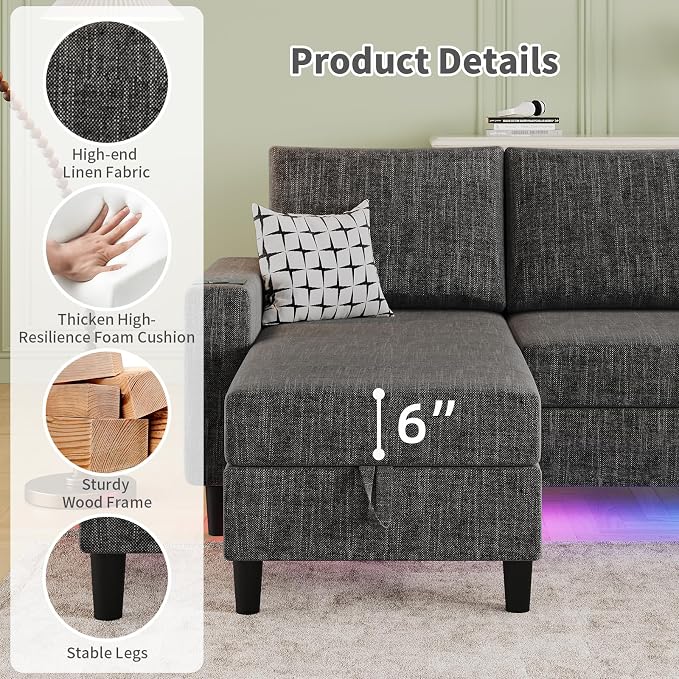 Sectional Couches for Living Room, 6-Seats Soft Linen Fabric Sectional Sofa - Image 6