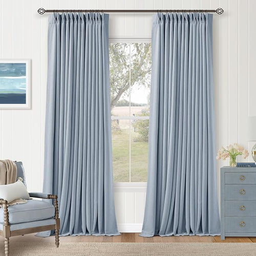 100 Inch Blackout Pinch Pleated Thick Linen Curtains 2 Panel Set | 100% Black by Twodrapes