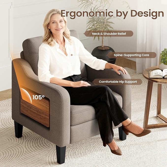 Accent Chair for Living Room Modern Linen Upholstered Armchair Side Wooden - Image 6
