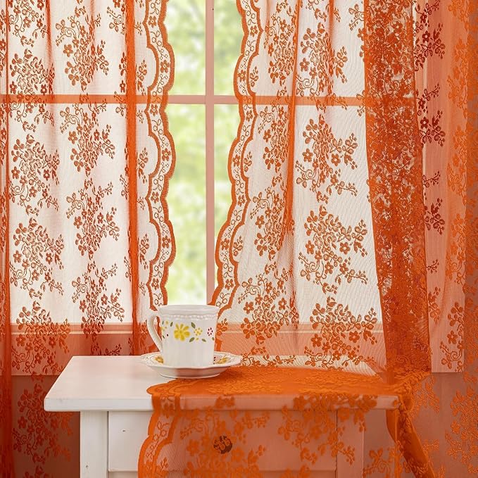 YJ YANJUN Orange Lace Curtains 54 Inch Length, Boho Chic Short Sheer Panels | by YJYANJUN