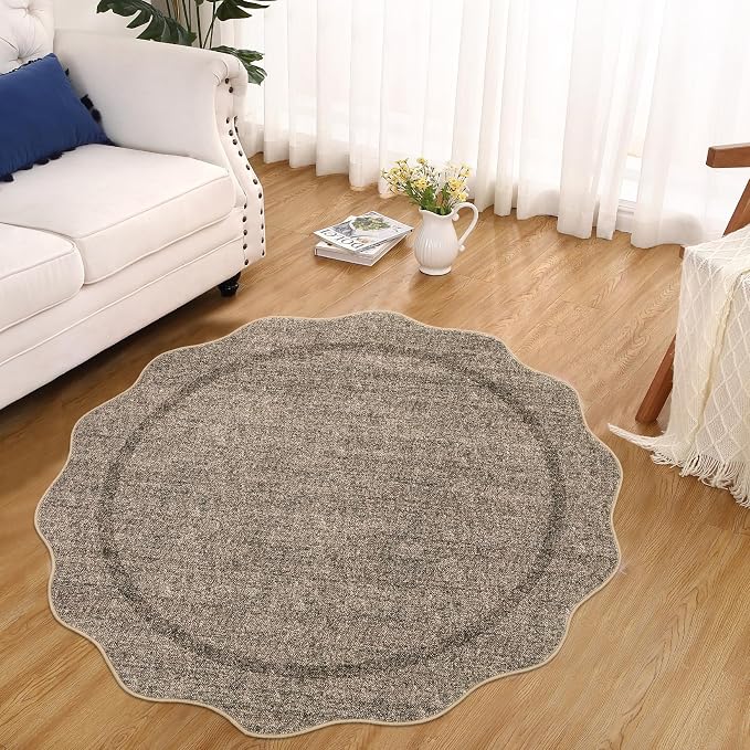 GarveeHome Scalloped Washable Round Rugs, Non-Slip Soft Round Rug 4ft Brown | - Image 6