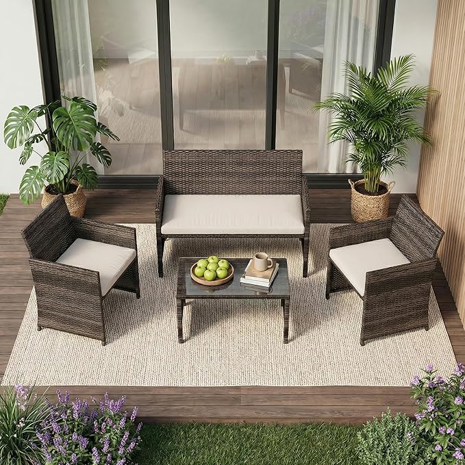 Garvee 4-Piece Patio Furniture Set, PE Rattan Outdoor Conversation Set by Garvee