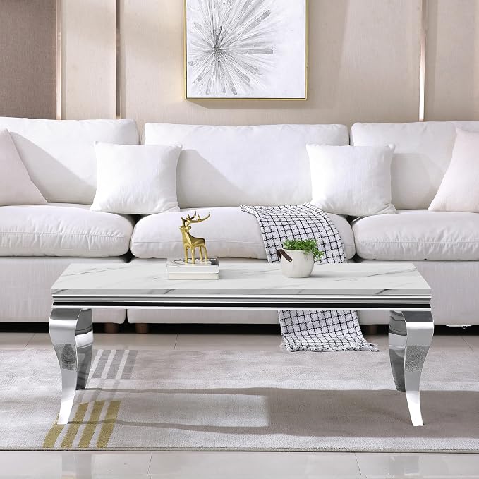 Henf 47" Modern White Faux Marble Coffee Table - Image 3