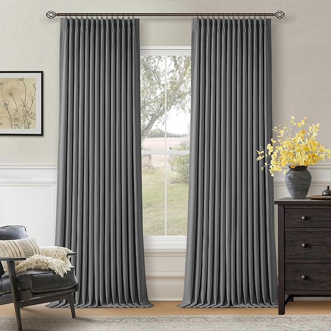 Dark Grey Pleated Thick Linen Blackout Curtains 108 Inches Long by Twodrapes
