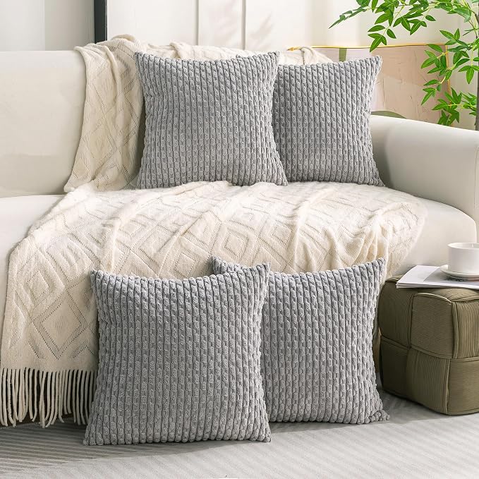 Set of 4 Grey Decorative Throw Pillow Covers 16x16 Inch Corduroy Pillow Covers - Image 8