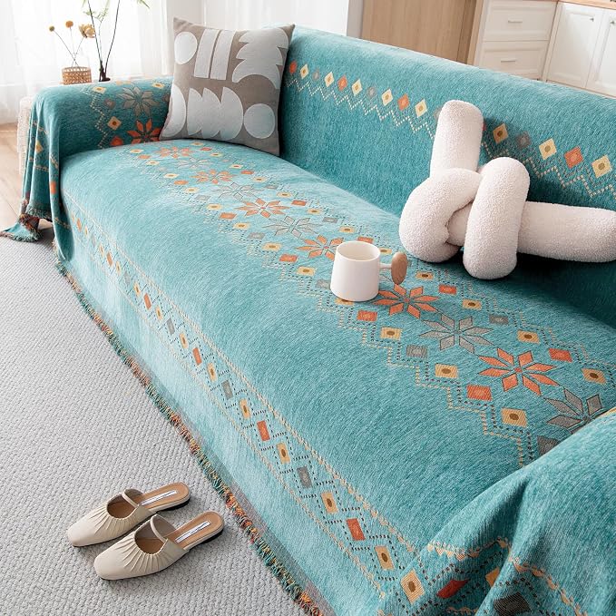 DREAMINGO Teal Boho Couch Cover Jacquard Chenille Sofa Covers Washable 3 Seater - Image 4
