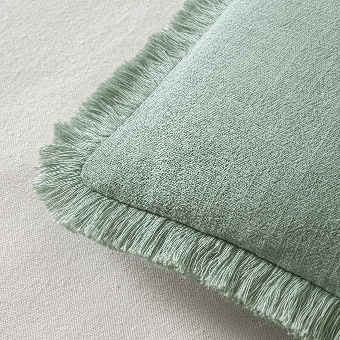 MIULEE Boho Linen Fringe Decorative Throw Pillow Covers Aqua Green 20x20 | Set - Image 3