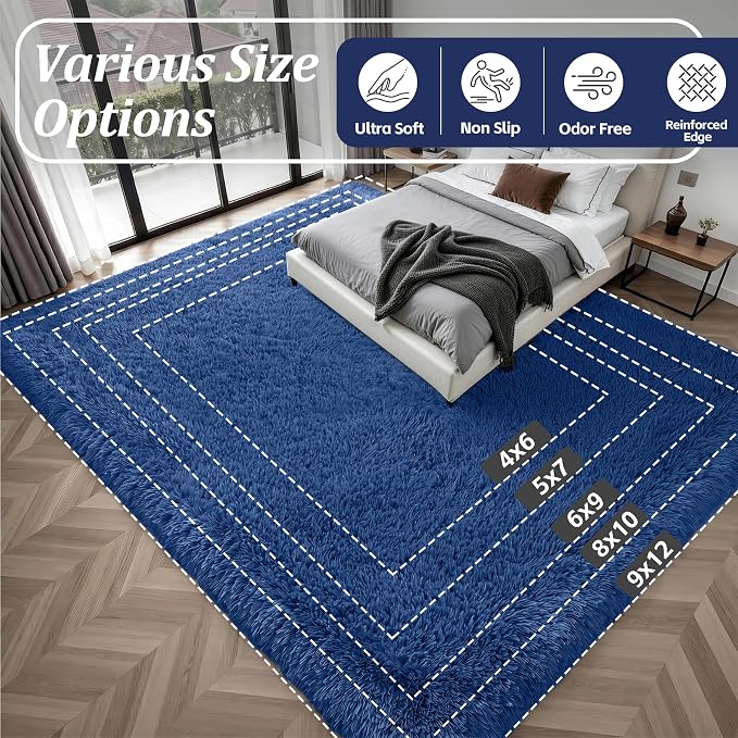 Area Rug Living Room Bedroom: 5x7 Fluffy Plush Shag Carpet Blue | - Image 9