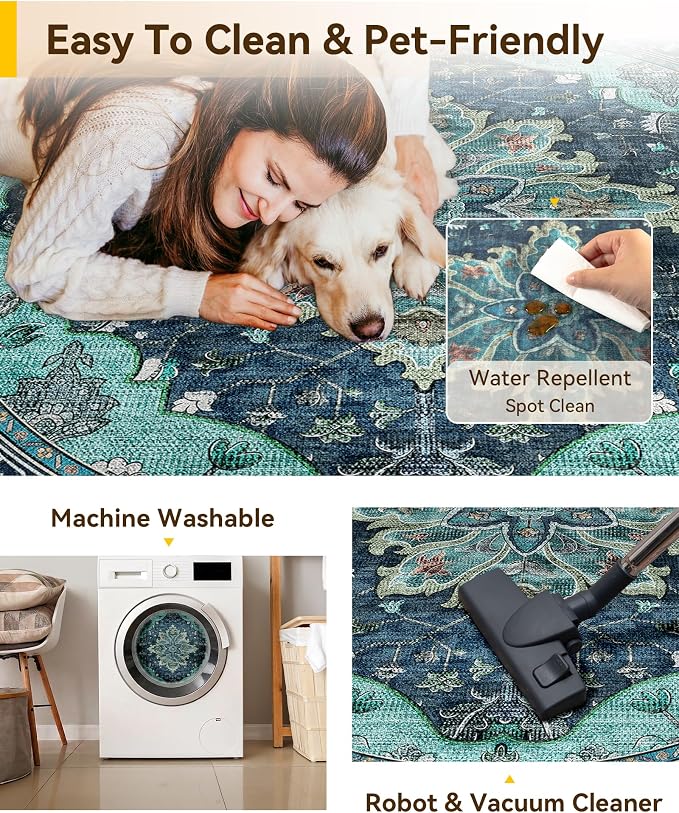 RELEANY Washable Area Rug, Round 4ft, Teal | Non-Slip, Water Repellent - Image 4