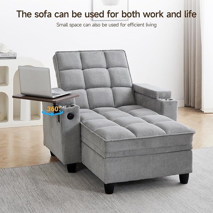 Oversized Recliner Chair with Swivel Tray Table, Modern Tufted Linen Fabric - Image 4