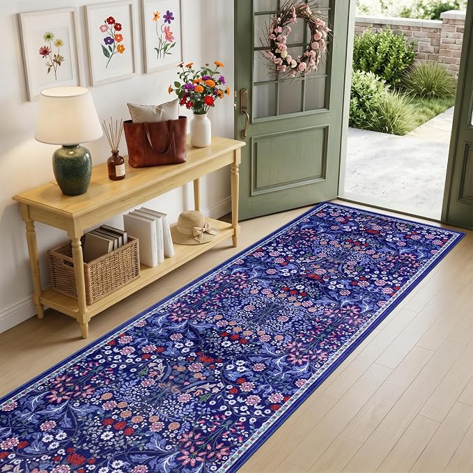 PLHXFR 2.6x10 Washable Runner Rug：Floral Indoor Kitchen Soft Carpet Blue | - Image 2