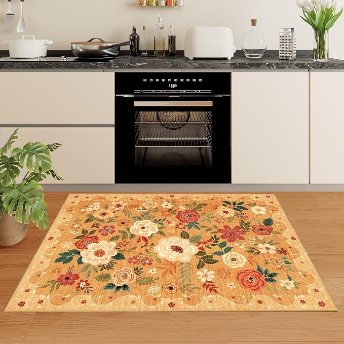 DUKINO 4x6 Area Rug, Floral Washable Rug Non Slip Office Chair Mat, Stain - Image 9