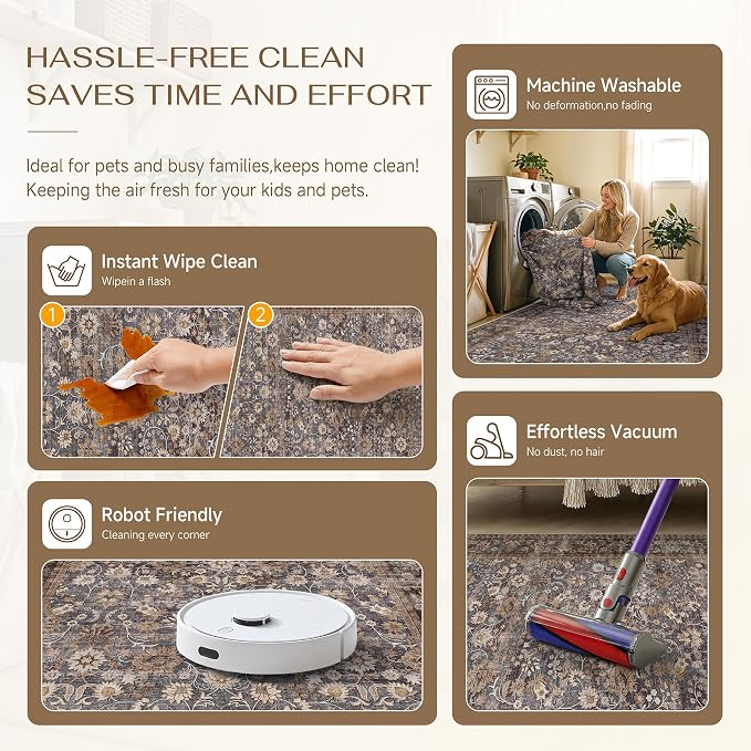 3x10 Brown Blue Vintage Floral Washable Runner Rug - Image 6