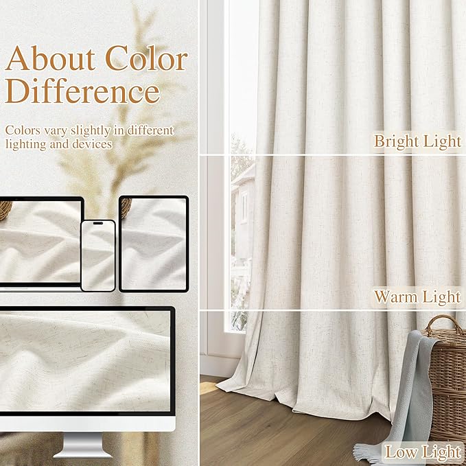 100% Blackout Linen Curtains for Bedroom 94 Inches Long Natural Cream Black Out - Image 7