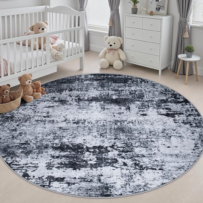 Round Area Rug Living Room: 4 ft Modern Washable Carpet Black | - Image 4