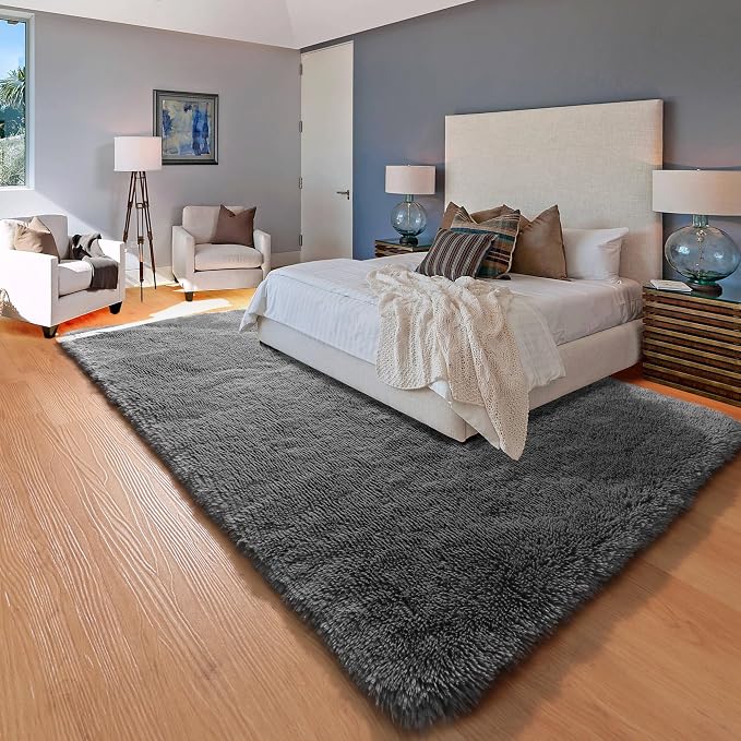 Grey Area Rugs for Living Room, 5x8 Gray Fluffy Shag Bedroom Rug, Ultra Soft - Image 4