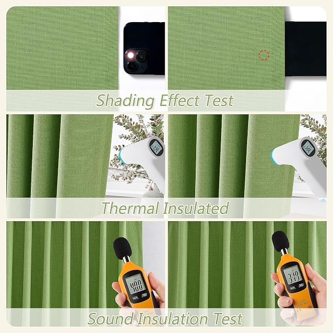 Lime Green 100% Blackout Linen Curtains 108 Inch Length 2 Panels Set - Image 6