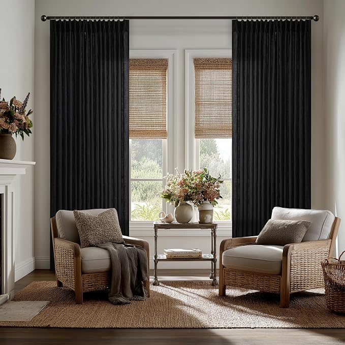 Pinch Pleated Linen Pleated Semi Sheer Black Curtains 96 Inch Long 2 Panels | - Image 8