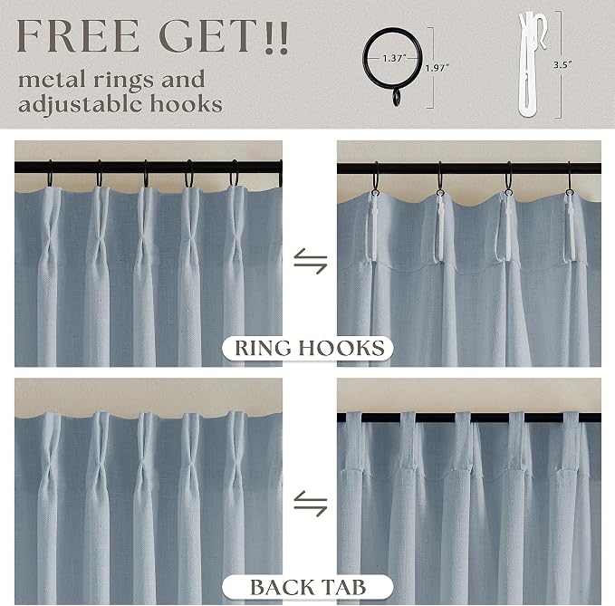 Dusty Blue Linen Pinch Pleated Curtains 108 Inches Long 2 Panels | Semi Sheer - Image 5