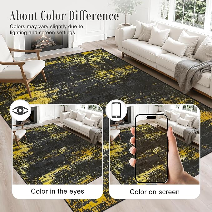 5x7 Area Rug Living Room: Modern Washable Soft Carpet Black Gold | - Image 5