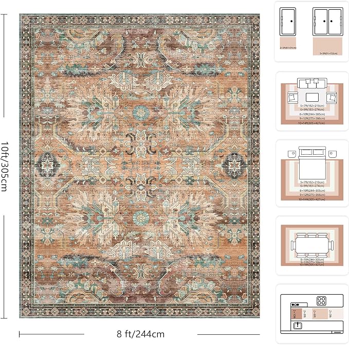 8x10 Area Rugs, Vintage Retro Soft Washable Rug, Non-Slip Low Pile Rugs - Image 2