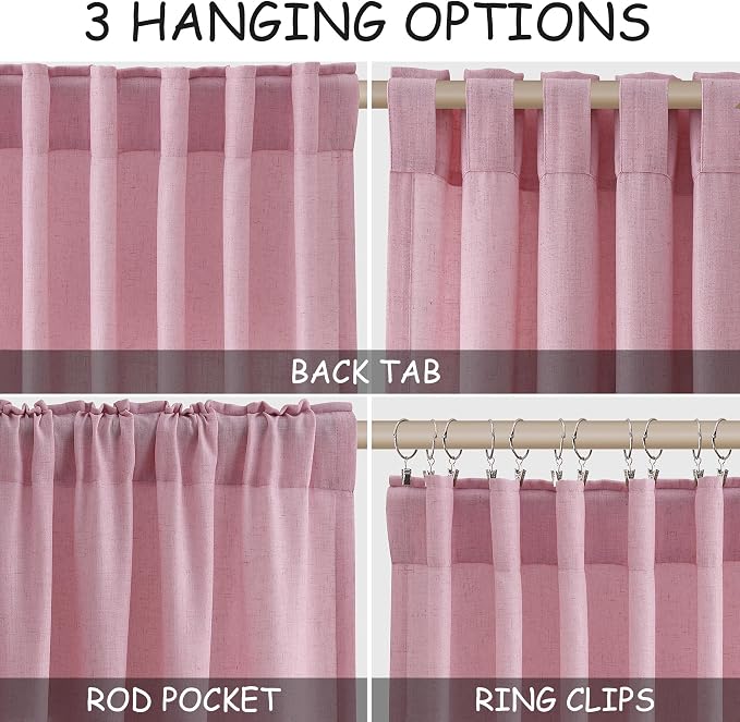 Rose Linen Curtains 90 Inch Long 2 Panels Set Back Tab Rod Pocket Semi Sheer - Image 2