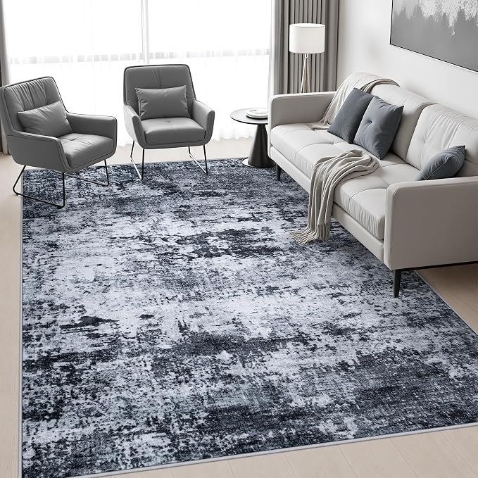 9x12 Area Rug Living Room: Modern Washable Indoor Carpet Black | - Image 5