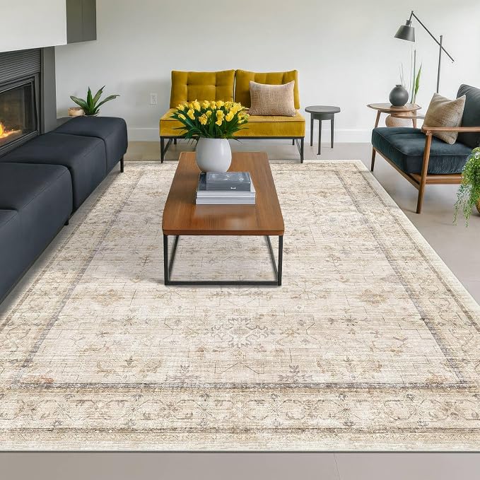 Ivory 5x8 Area Rug for Bedroom, Home Office, Washable Non Slip Dinning Rugs for by HazoHaus