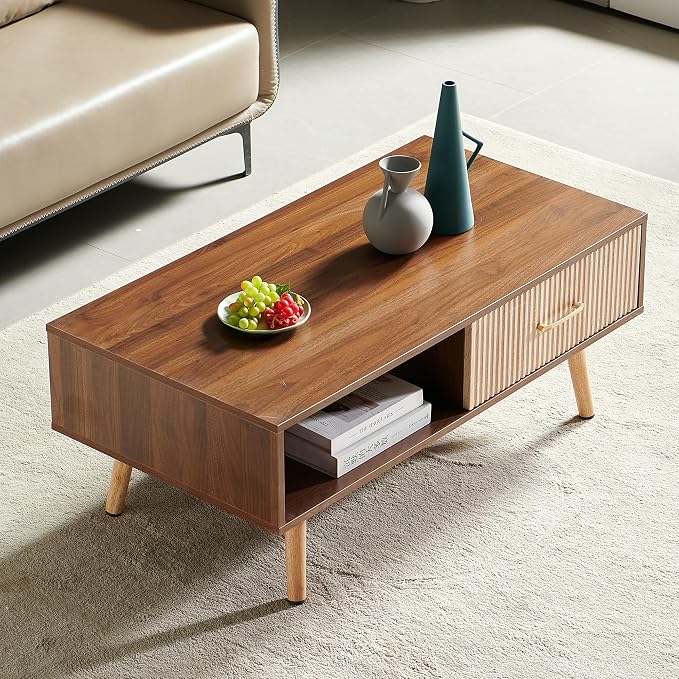 Coffee Table with Storage, Mid Century Boho Wood Center Table with Open Storage - Image 8