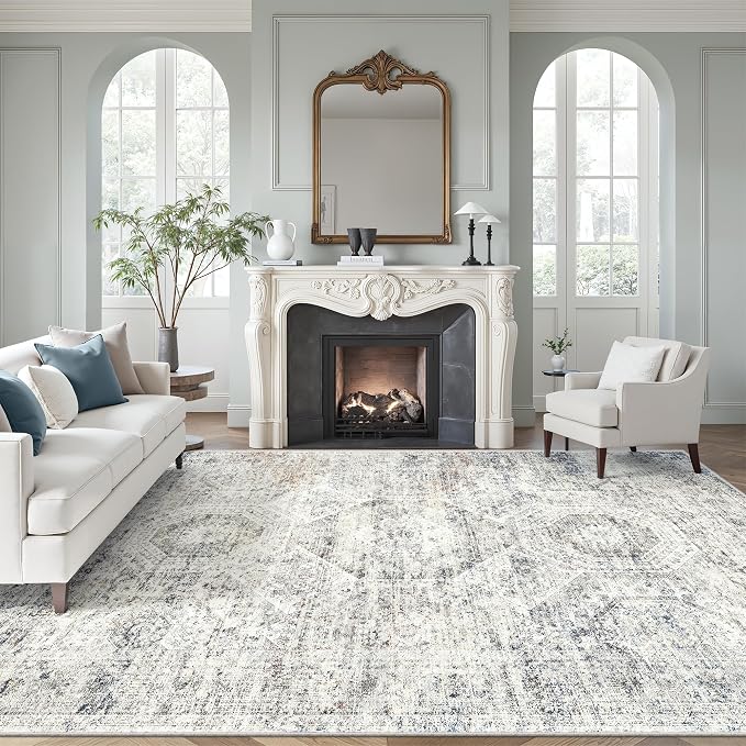 Soalmost Washable Area Rug 8x12 Large Soft Living Room Rugs Blue/Ivory | by Soalmost