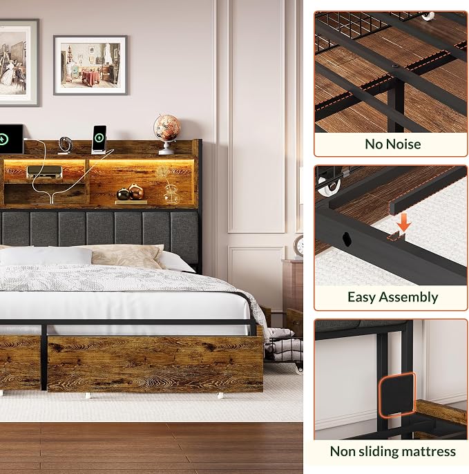 LARMACE King Bed Frame with 6 Storage Drawers, Bed Frame King Size with Linen - Image 7